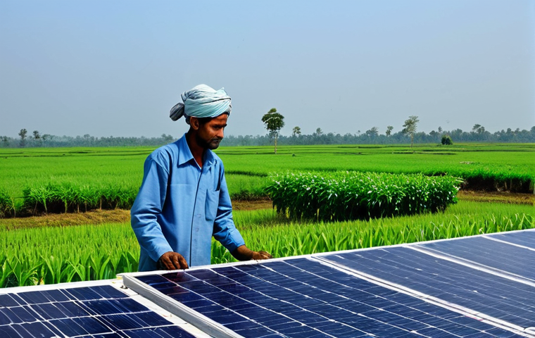 **
A solar panel installation in rural Bangladesh, fully clothed workers installing panels on a rooftop, lush green fields in the background, clear sky, appropriate content, safe for work, professional, perfect anatomy, natural proportions, high-quality photo.
**