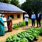 **

A diverse group of people, fully clothed in appropriate attire, are gathered around a solar panel installation in a rural Bengali village. Some are pointing and discussing the technology, while others are tending to nearby organic vegetable gardens. The scene is bathed in warm sunlight, highlighting the connection between sustainable energy and agriculture. Include elements of traditional Bengali architecture in the background. Safe for work, appropriate content, professional, modest, perfect anatomy, natural proportions, high quality.

**