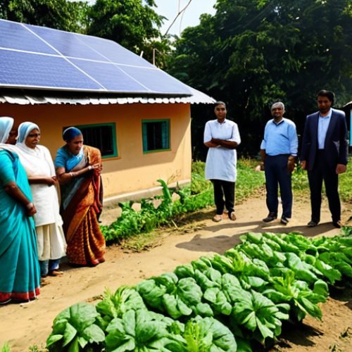 **

A diverse group of people, fully clothed in appropriate attire, are gathered around a solar panel installation in a rural Bengali village. Some are pointing and discussing the technology, while others are tending to nearby organic vegetable gardens. The scene is bathed in warm sunlight, highlighting the connection between sustainable energy and agriculture. Include elements of traditional Bengali architecture in the background. Safe for work, appropriate content, professional, modest, perfect anatomy, natural proportions, high quality.

**