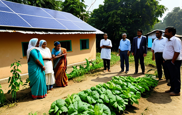 **
A diverse group of people, fully clothed in appropriate attire, are gathered around a solar panel installation in a rural Bengali village. Some are pointing and discussing the technology, while others are tending to nearby organic vegetable gardens. The scene is bathed in warm sunlight, highlighting the connection between sustainable energy and agriculture. Include elements of traditional Bengali architecture in the background. Safe for work, appropriate content, professional, modest, perfect anatomy, natural proportions, high quality.
**