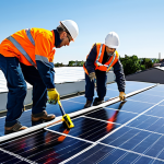 **

A diverse team of professionals (male and female) wearing appropriate safety gear and fully clothed, installing solar panels on a rooftop. The background shows a clear blue sky and a modern, eco-friendly neighborhood. The scene is brightly lit and conveys a sense of progress and sustainability. Safe for work, appropriate content, fully clothed, professional, perfect anatomy, correct proportions, natural pose, well-formed hands, proper finger count, natural body proportions.

**