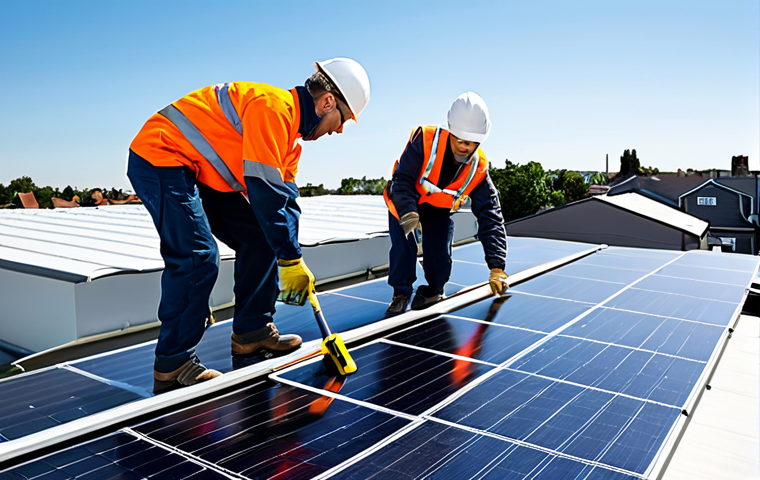 **
A diverse team of professionals (male and female) wearing appropriate safety gear and fully clothed, installing solar panels on a rooftop. The background shows a clear blue sky and a modern, eco-friendly neighborhood. The scene is brightly lit and conveys a sense of progress and sustainability. Safe for work, appropriate content, fully clothed, professional, perfect anatomy, correct proportions, natural pose, well-formed hands, proper finger count, natural body proportions.
**