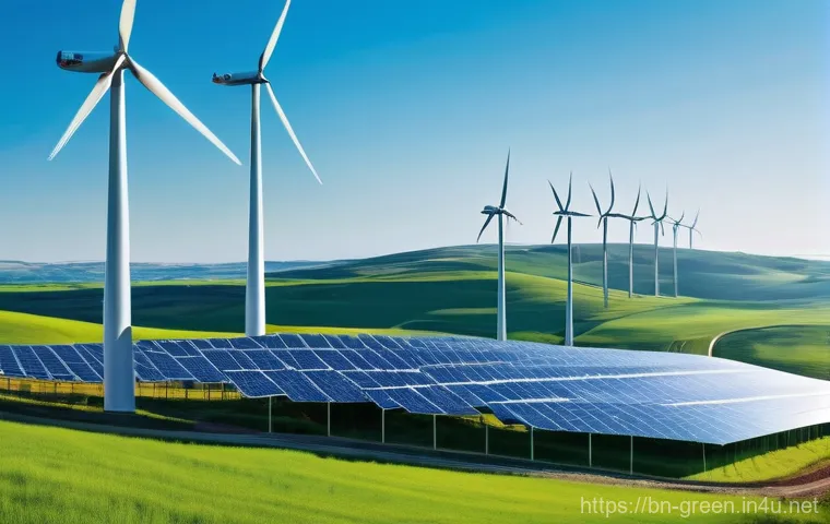 녹색산업 직무와 관련된 기술 - **Renewable Energy Innovation:**
A vibrant, panoramic view of a futuristic, sustainable landscap...