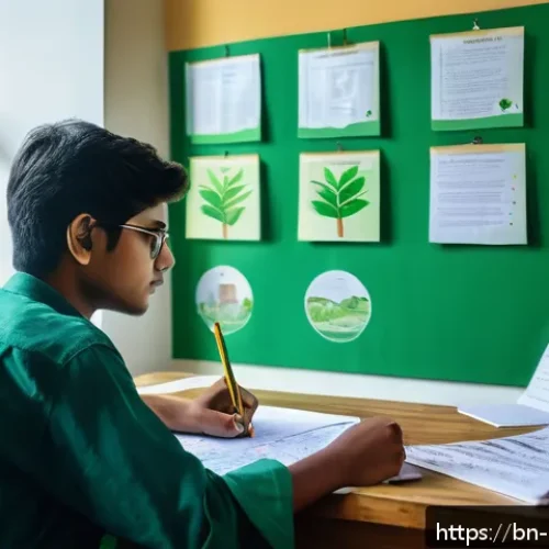 Home 31 녹색산업 자격증 준비 과정 - A detailed educational scene showing a Bengali student studying environmental sustainability concept...
