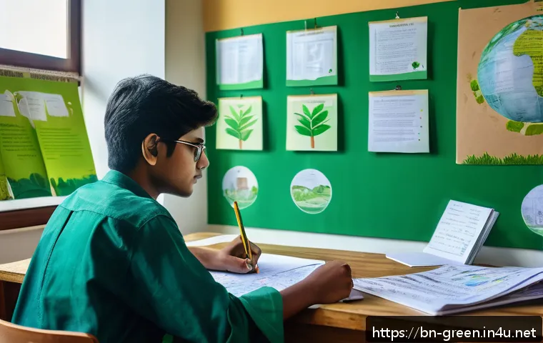 녹색산업 자격증 준비 과정 - A detailed educational scene showing a Bengali student studying environmental sustainability concept...